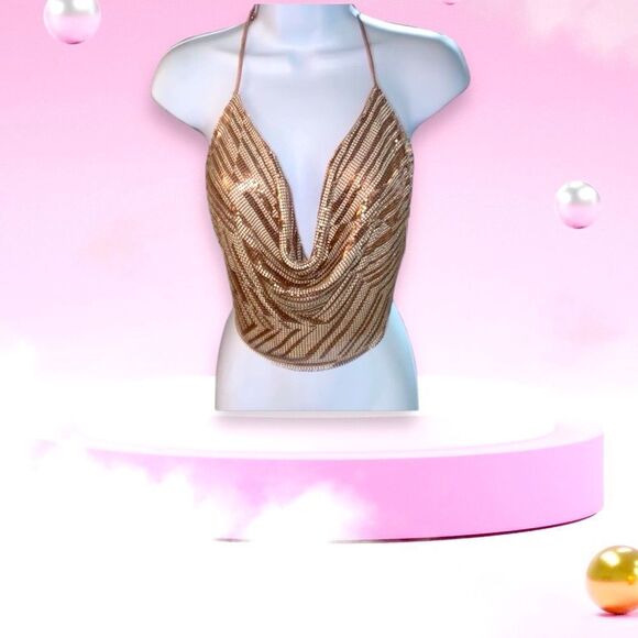 RAMY BROOK Top Halter NEW Metallic Chainmail Printed Rosa Gold Size 0 XXS - Picture 6 of 7